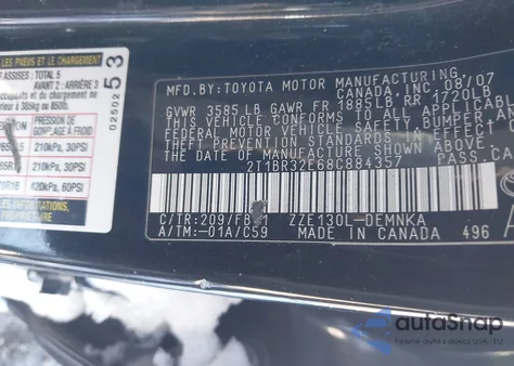 2008 Toyota Corolla Le из США, поврежденный, VIN 2T1BR32E68C884357